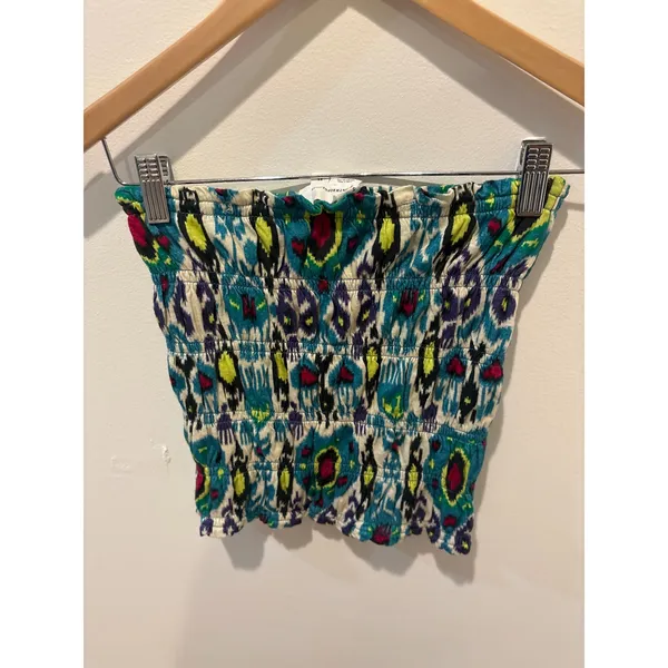 Anthropologie‎ Ikat Smocked Tube Top XS Teal Yellow Pink Cotton Strapless Crop - Image 3