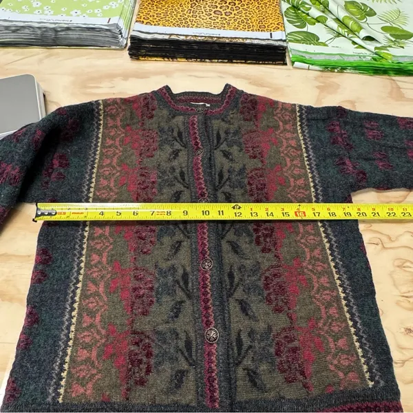 Vintage Cherry Lewis England Wool Jacquard Heritage Cardigan Sweater‎ Olive Med - Image 8