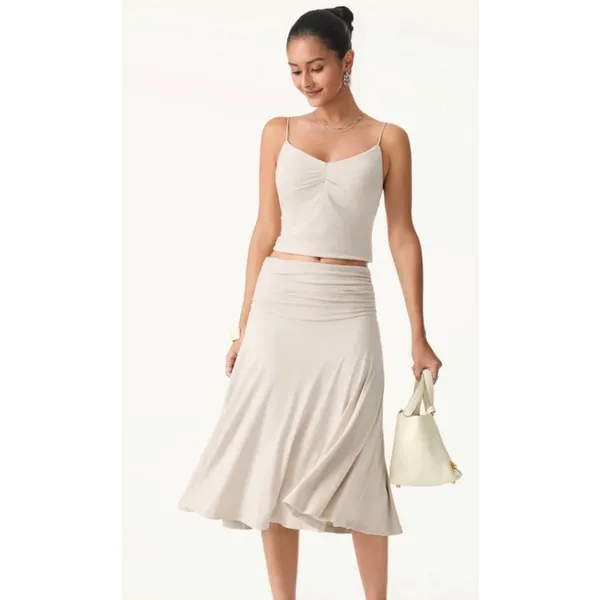 OGLmove Pure White Flowy Side Ruched A-Line Midi Skirt Size Medium New - Image 4