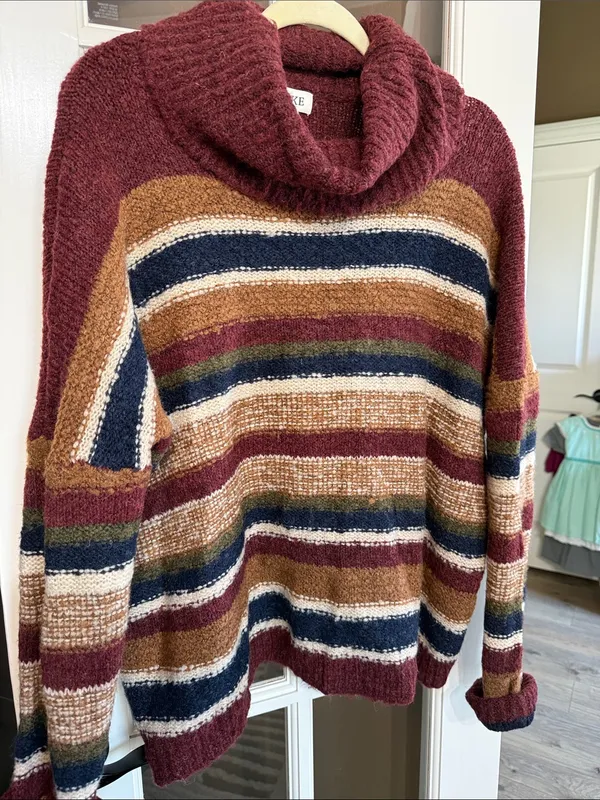 BKE Oversized Fuzzy Burgundy Stripe Cowlneck Sweater Med NWT GRANOLA GOBLINCORE - Image 2
