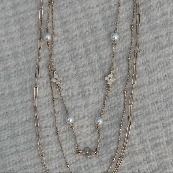 Gold-Tone Multi-Layer Stacked Chain Necklace With Faux Pearls & Heart Charms - Image 4