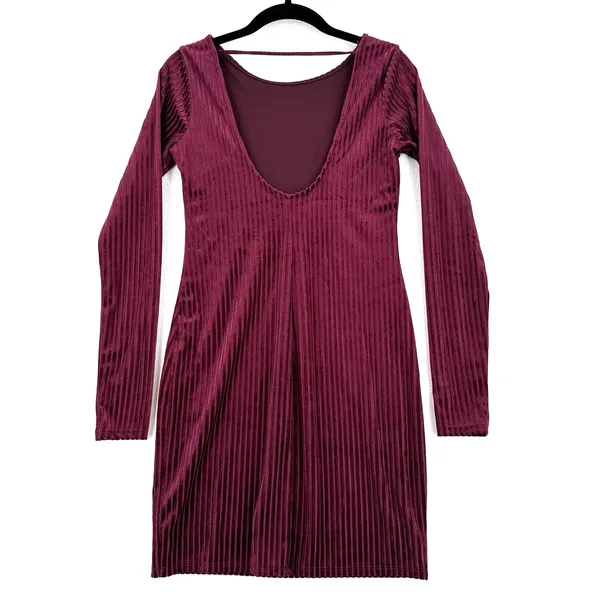 Forever 21 Velvet Dress S Burgundy Ribbed Bodycon Mini Long Sleeve Open Back NWT - Image 2