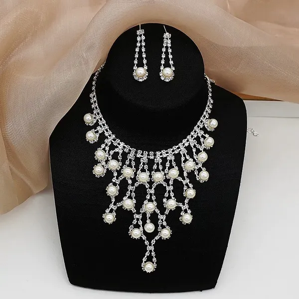 Bridal Wedding Jewelry Set Crystal Pearl Bridesmaid Party Necklace Drop Dangle Earrings Set - Image 2