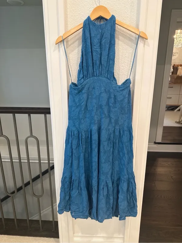 Karina Grimaldi Blue Halter Cutout Tiered Maxi Dress Size Large - Image 2