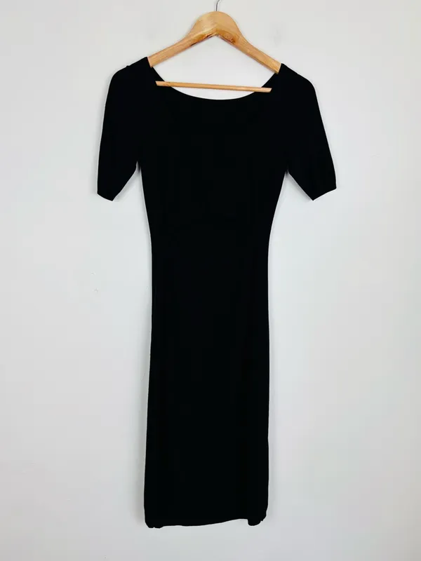 Theory Black Knit Midi Dress Open Back Cutout Minimalist Sheath S - Image 4