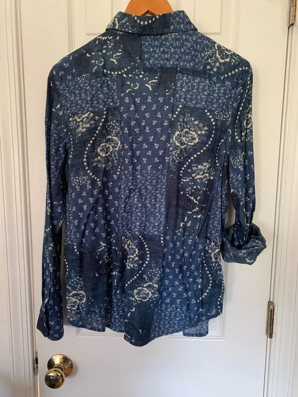 Retro RL Chaps Blue Mixed Media Cotton Button Down - Image 7