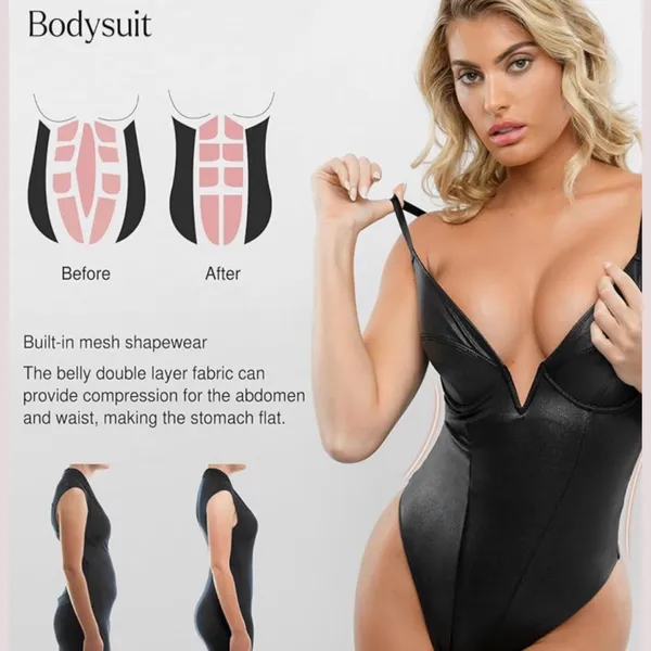 NWT Popilush Black Faux Leather Corset Top‎ Shapewear Bodysuit - Large - Image 3
