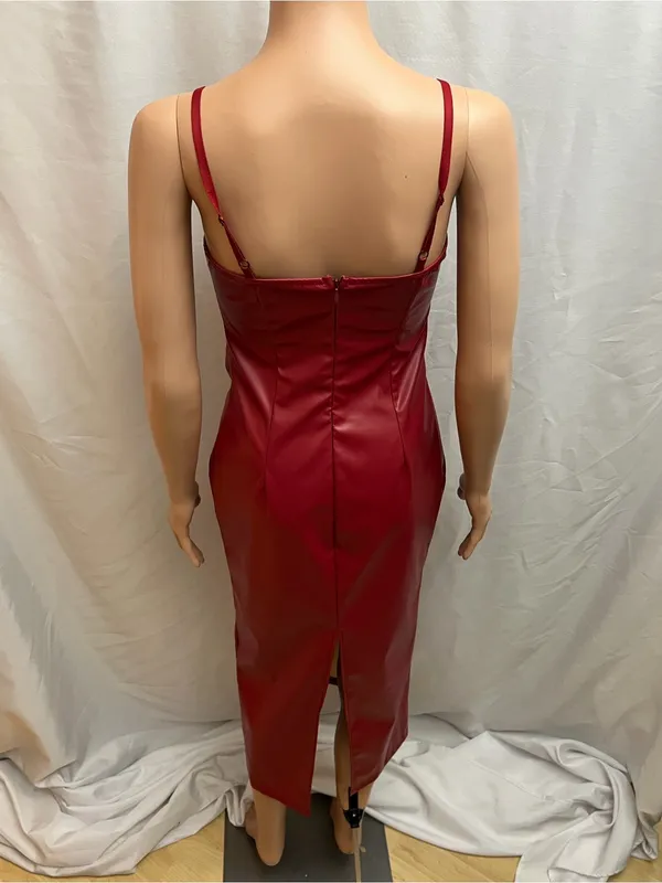 Silquee Red Faux Leather Corset Bustier Midi Dress Size Small - Image 4