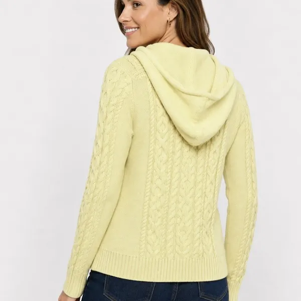 LL Bean Yellow Double L Mixed Cable Full Zip Hoodie Pockets Cotton Sweater SMALL - Image 2