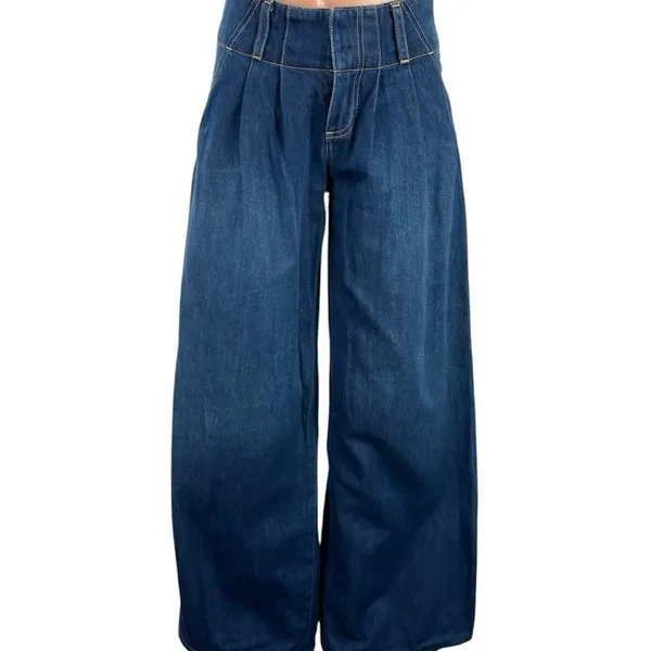 Alice + Olivia Blue Pleated Palazzo Baggy Wide Leg High Rise Denim Jeans Sz 24 - Image 4