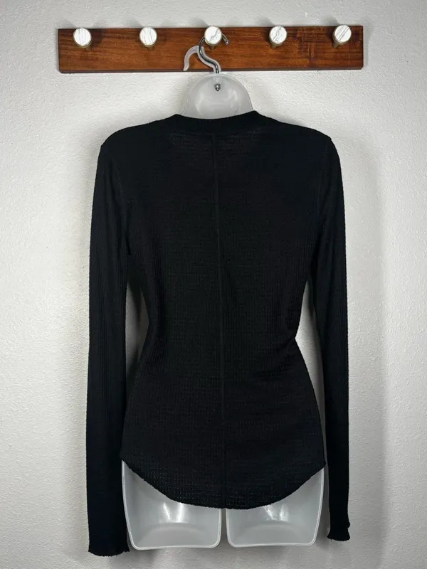 Black Long-Sleeve Waffle Henley Top - Women's Large - Image 2