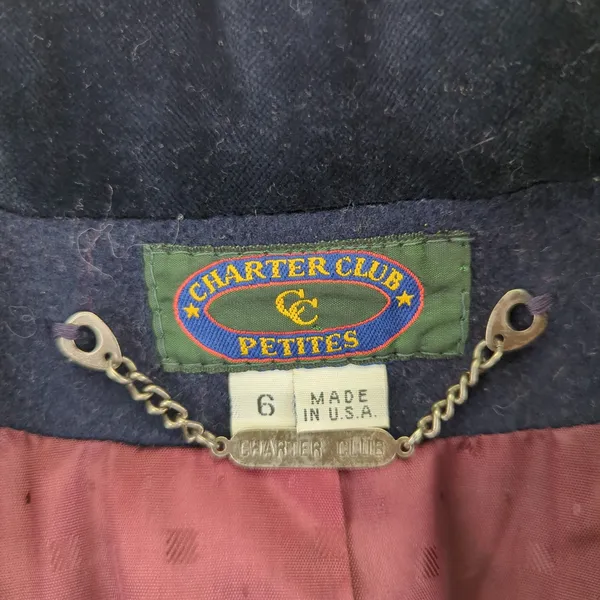 Vtg Charter Navy Blue Wool Long Coat Double Breasted‎ One Button Womens 6 Petite - Image 4