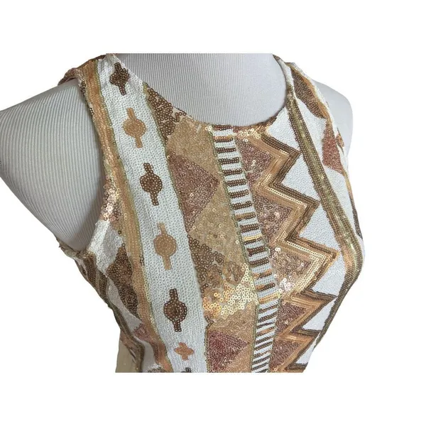 Womens Anthropologie Double Zero Sequin & Chiffon Aztec Rose Gold Dress - Sz S - Image 3