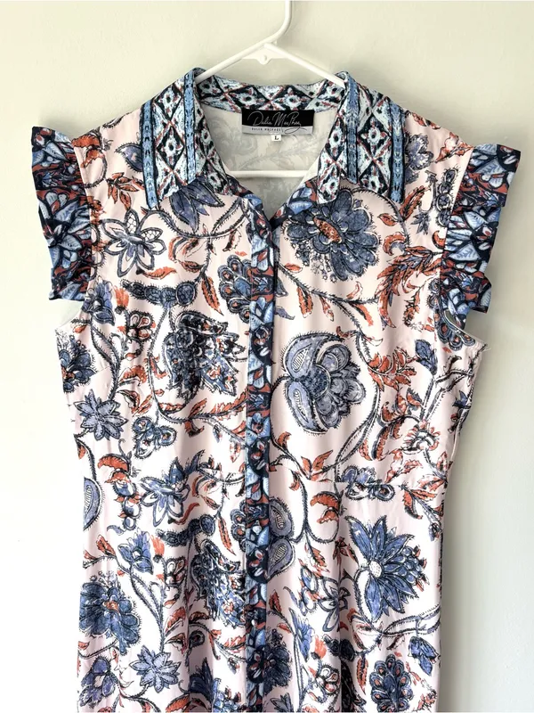 Dalia MacPhee Floral Maxi Dress Short Flutter Sleeve Button Front Pink Blue - Image 2