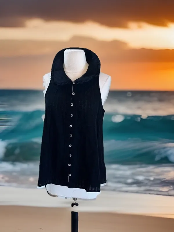 Black Cotton Sleeveless Flowy Button Up Blouse New - Image 5