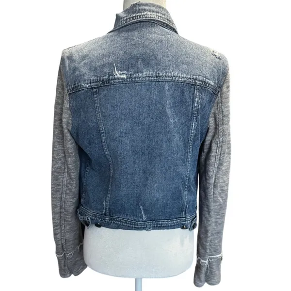 Free People Distressed Denim Jacket Mixed Fabric Knit Sleeve Moto Trucker Size M - Image 5