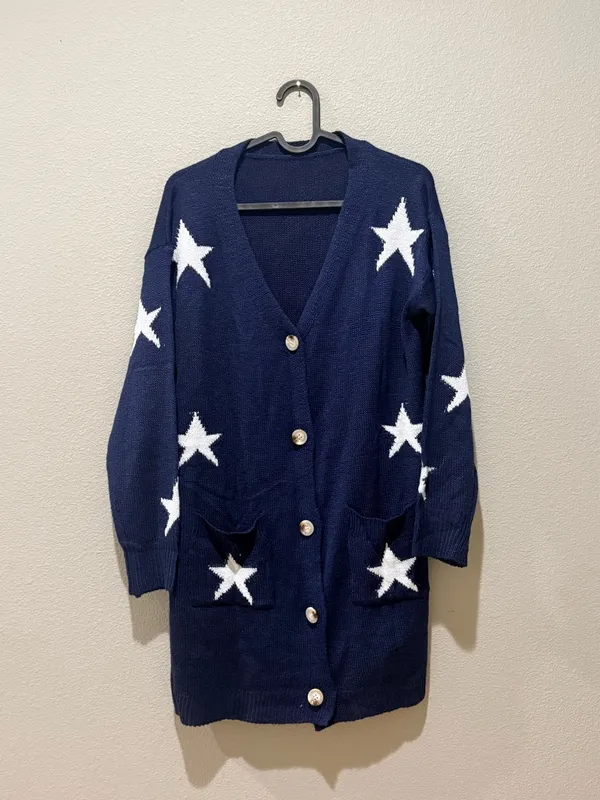Cupshe Navy Blue Star Print Long Button Down Cardigan Sweater Size XS - Image 3