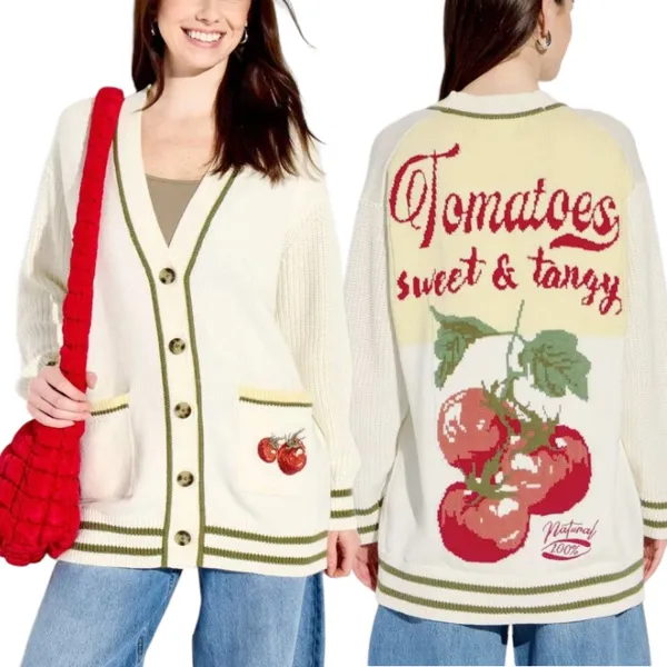 33 Degrees XS Cream Tomato Graphic Chunky Knit Cardigan Cottage Farmer's Market - Image 2