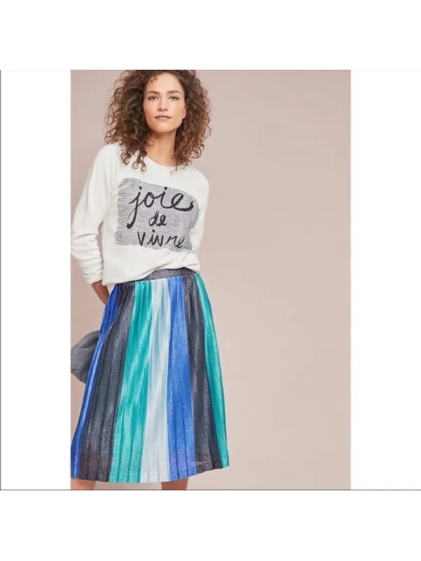 Maeve Anthropologie Sunburst Metallic Blue Pleated Midi Skirt Paneled Patchwork - Image 6