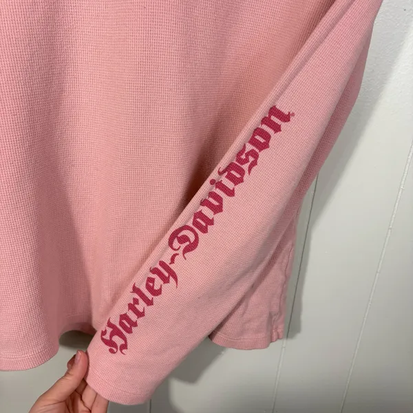 Vintage Y2K Harley Davidson Pink Hooded Thermal Long Sleeve Henley Top Grunge L - Image 6