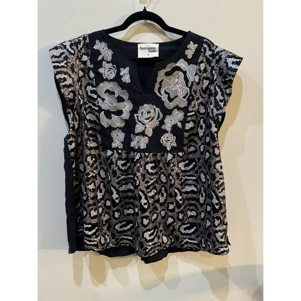 Savannah Jane Embroidered and Sequin Top Plus Size‎ 1X Animal Floral Print - Image 2