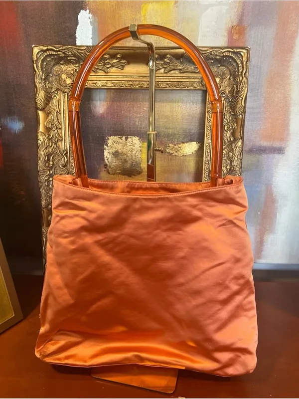 Vintage Prada Coral Orange Satin Bag Plexiglass Handle Made in Italy - Image 8