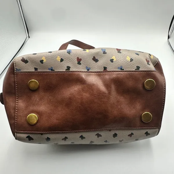 Fossil Rachel Satchel Bag Taupe Heart Print Pebbled Leather Brown Trim Handbag - Image 11