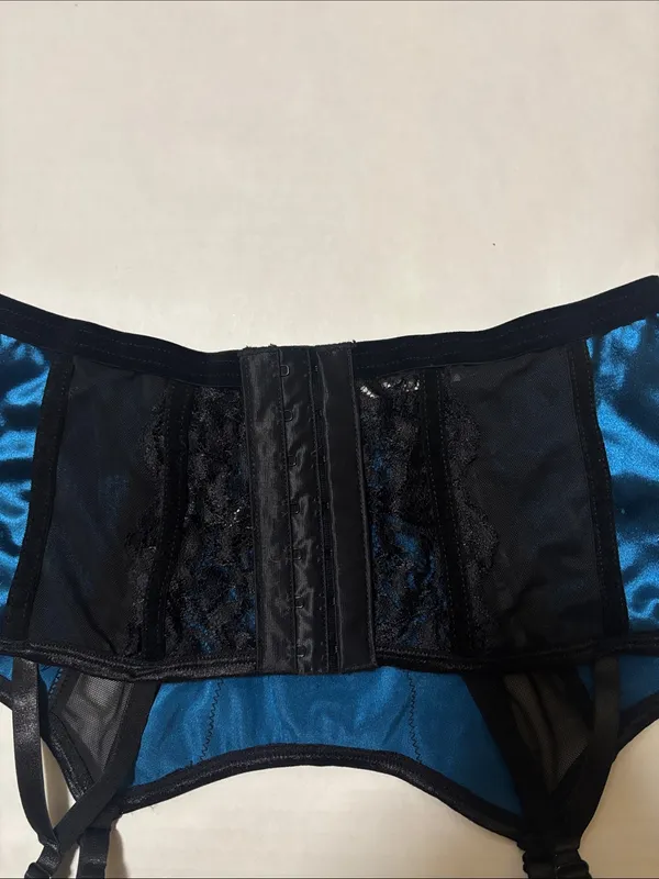 Blue Satin Garter Belt with Black Lace Trim S Coquette Girl Pinup Feminine Rave - Image 8