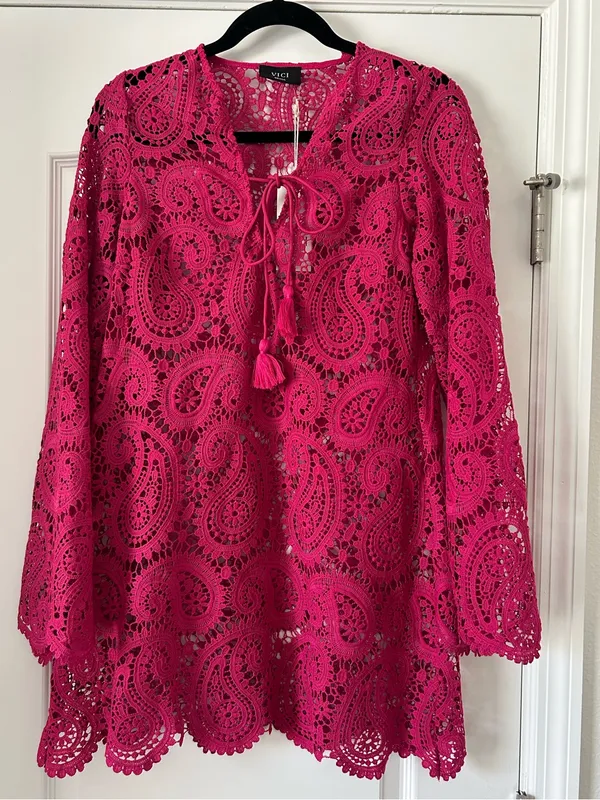 Vici Fuchsia Paisley Lace Crochet Long Sleeve Swim Cover-Up Mini Dress Front Tie - Image 2