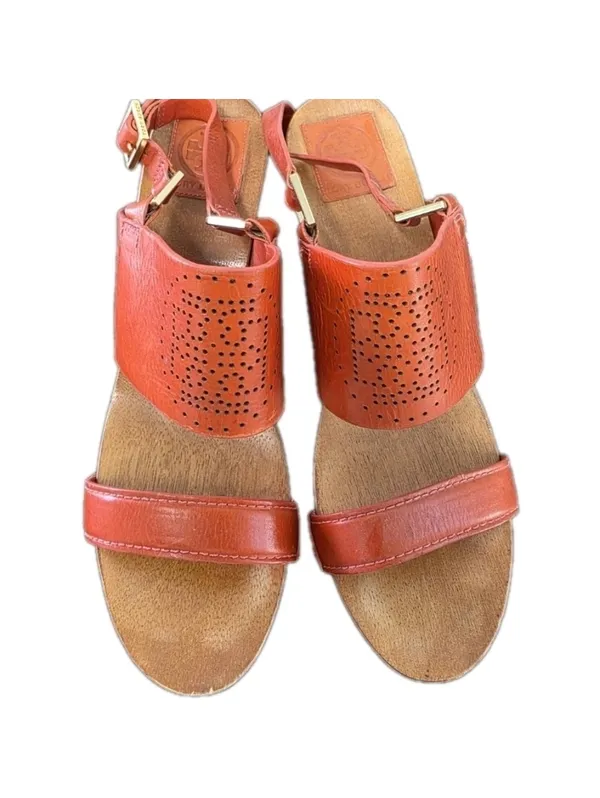 Tory Burch Womens Orange Gold Leather Wooden Wedge Sandals Size 9 Boho Preppy - Image 10