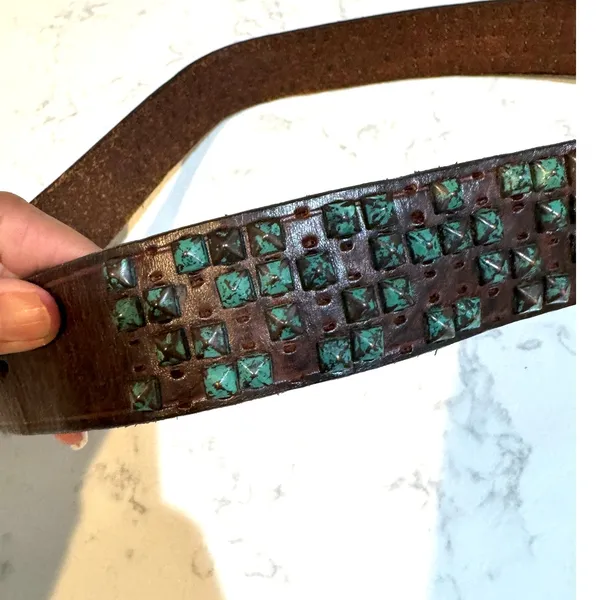 Vintage Brown leather metal turquoise patina studded belt size 34-38” western - Image 5
