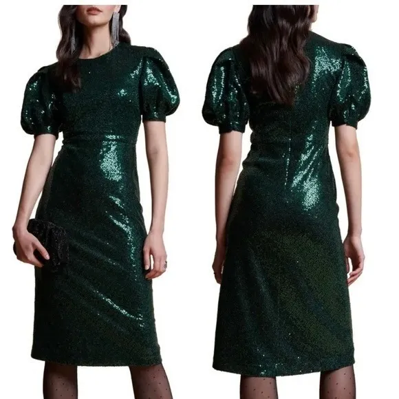 Rachel‎ Parcell Women Party Event Dress XXS Green Sequins Holiday Puff Sleeve - Image 2