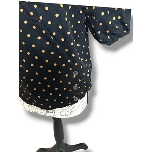 Madewell Corduroy Puff Sleeve Black Brown Polka Dot Faux Wrap V-Neck Top Medium - Image 3