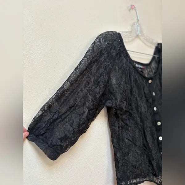 Self Esteem L Whimsigoth Black Lace Crop Top Romantic Goth Tie Front - Image 5