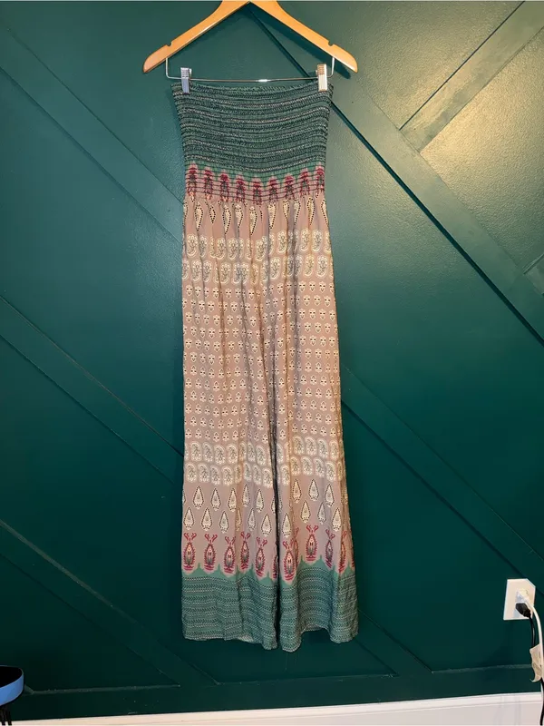 Audrey Boho Strapless Open Back Wide Leg Jumpsuit Green Taupe Print - Image 3