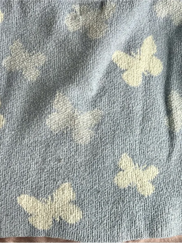 Pink Rose Light Blue Crewneck Sweater with Cream Butterflies - Image 3