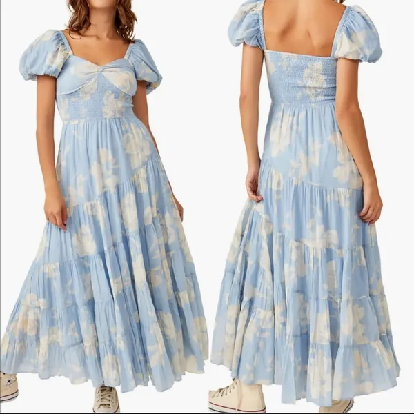 NWOT Free People Sundrenched Floral Tiered Maxi sky blue combo Sundress sz M - Image 2