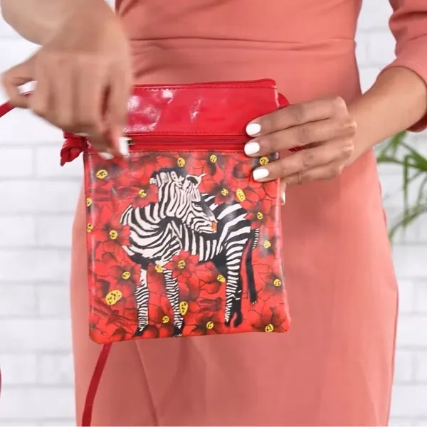 VIVID‎ by SUKRITI Red Zebra Pattern Hand Painted Genuine Leather Crossbody Bag - Image 4