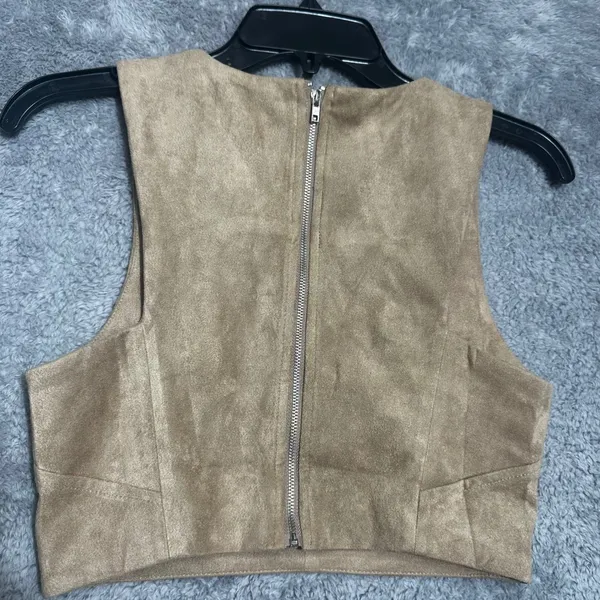 Olivaceous Crop‎ Top Womens Medium Tan Brown Faux Suede V-Neck Full Back Zip - Image 7