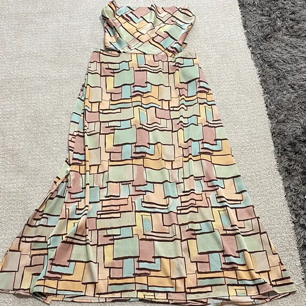 12th Tribe Geometric Block Print Maxi Dress in Beige, Mint & Terracotta Size L - Image 4