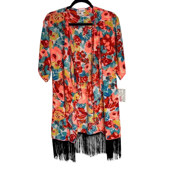 LuLaRoe Monroe Kimono Cardigan Floral Fringe‎ Coral Blue Yellow Pink Size S - Image 10