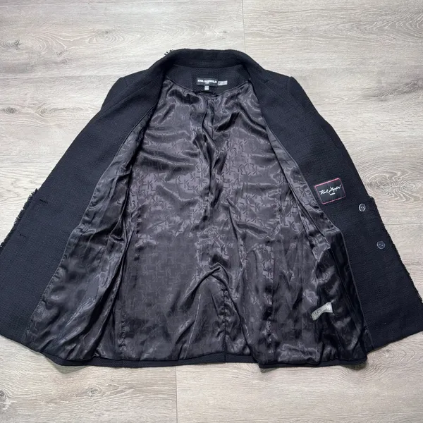 Karl Lagerfeld Paris Womens‎ Fringed Tweed Blazer Black 8 Medium Tailored Jacket - Image 3
