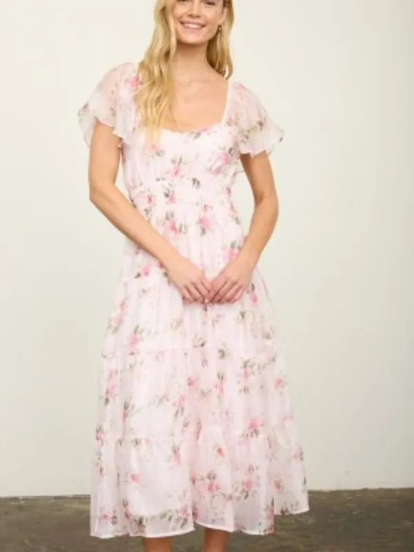 Floral Chiffon Flounce Sleeve Shirred Midi Dress Small - Image 2