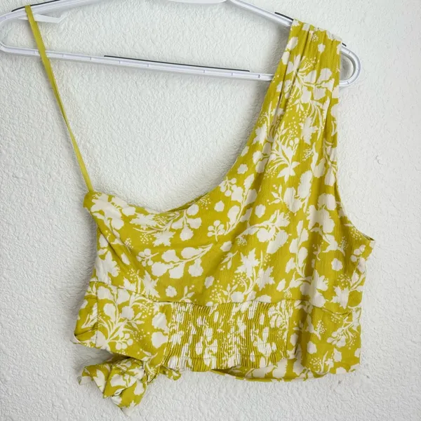 Carmen one shoulder yellow tropical cropped tie blouse top size S - Image 6