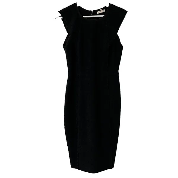Rebecca Taylor Size 4 Sheath Dress Black Boucle Silk Lined Back Slit‎ Cap Sleeve - Image 2