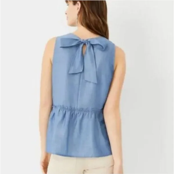 Ann Taylor Chambray Bow Tie Back Peplum Sleeveless Top Blouse Size Small - Image 2