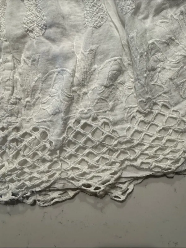 Cara Cara White Linen Eyelet Mini Skirt XS Embroidered Lace Hem - Image 8