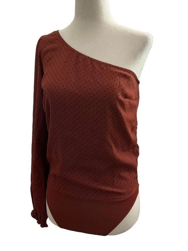 Abercrombie & Fitch Women Size XS Maroon Bodysuit Polka Dot One Shoulder 18-700P - Image 4