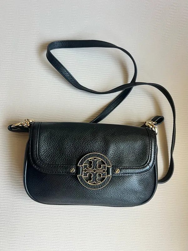 Tory Burch Amanda Mini Crossbody Black Leather Gold Logo Flap Bag - Image 8