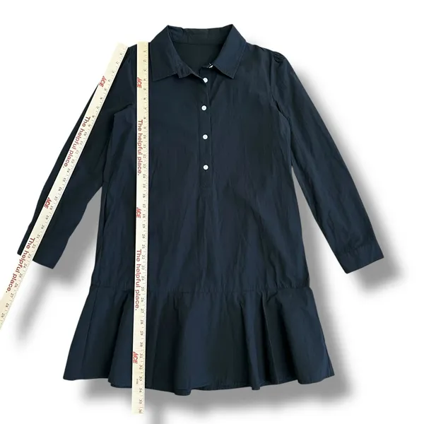 Black Cotton Collared Drop Waist Shirt Dress Women’s S Long‎ Sleeve Ruffle Hem - Image 5